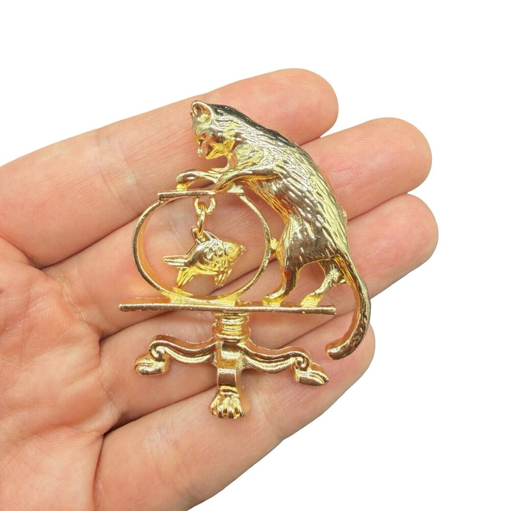 Vintage Jewelry Cat with Fish Brooch Cat Jewelry Funny Cat Pin